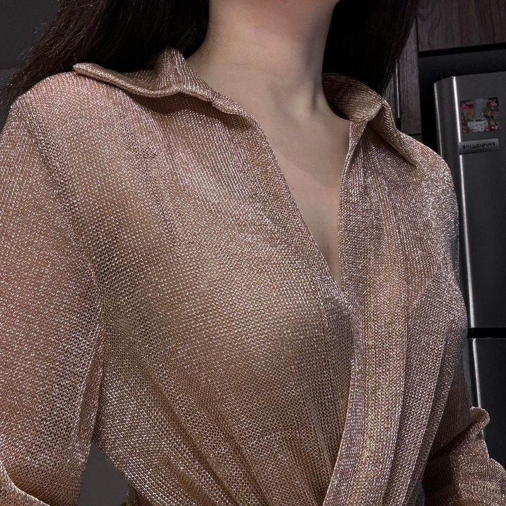 Gold metallic mesh long sleeves top